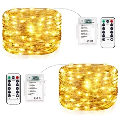 Afbeelding van Vacoulery Lichtsnoer met batterij, timer, 2 stuks, 12 m, leds, lichtketting 8 modi, batterij timer en afstandsbediening, voor kamer, terras, binnen buiten,