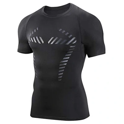 Afbeelding van AMZSPORT Heren Compressie Shirt Korte Mouw Sneldrogend, Zwart L