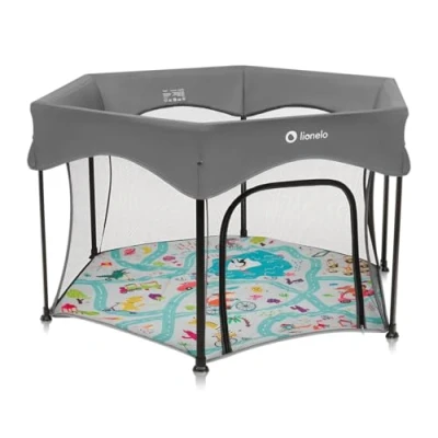 Afbeelding van LIONELO Roel Plus Speelbox voor Baby (6‑36 maanden) tot 15 kg, Opvouwbare Zeskant 134x74 cm, Ademend Net, Ingang met Ritssluiting, LockGuard, Draagbaar Draagtas, Grijs Multicolor