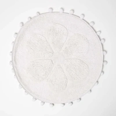 Afbeelding van Homescapes Ronde Badmat Bloem, 60 cm Wit met Pom Poms