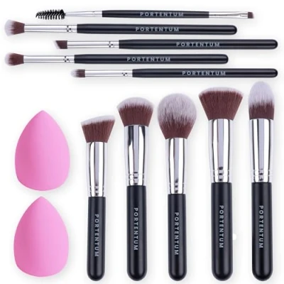 Afbeelding van PORTENTUM 10 + 2 make upkwastenset, premium synthetische upkwasten, foundation, poeder, rouge, oogschaduw, upkwastenset met spons en blender, beauty