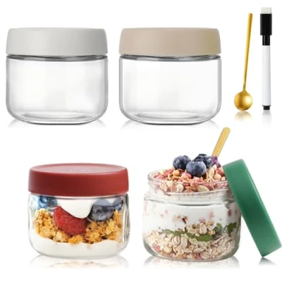 Afbeelding van QIMYGIFT Overnight havermoutpotten met deksel, 300 ml inmaakpotten schroefdeksel, maalvoorbereidingspotten voor zelfgemaakte jam, babyvoeding, inmaken, masonjaren, zuurdeeg