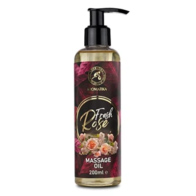 Afbeelding van massageolie roos, 200 ml, lichaamsolie met rozenhoutolie en rozenextract, amandelolie druivenpitolie, perzikpitolie jojoba olie, voor alle huidtypes, rozengeur, ontspanningsolie