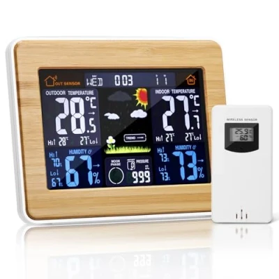 Afbeelding van Draadloze Weerstation Digitale Kleurrijke Weersvoorspelling Klok met Outdoor Sensor Indoor Thermometer Tijd Datum Temperatuur Vochtigheid Barometer Alarm Maanfase Display Weer