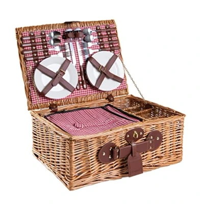 Afbeelding van eGenuss Rieten Picknickmand voor 4 personen met Isothermisch Compartiment en Inclusief Accessoires Rood Wit Geruit Patroon, 47 x 36 20 cm