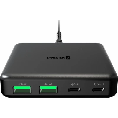 Afbeelding van Swissten Snellader met 4 Poorten 65W GaN technologie 2x USB A &amp; C Geschikt voor Smartphones, Tablets Laptops Zwart