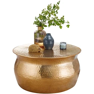 Afbeelding van WOHNLING salontafel KARAM 60x30,5x60 cm aluminium gouden bijzettafel oosterse rond Plat gehamerd koffietafeltje metaal Design modern tafel klein Indiaas stub