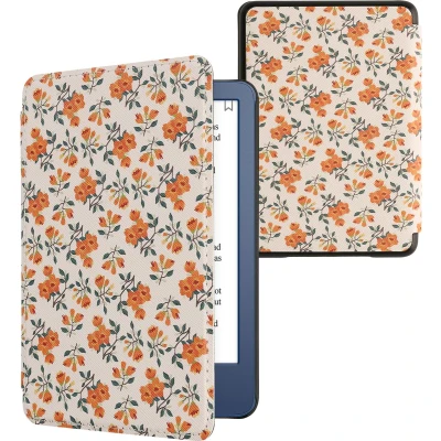 Afbeelding van kwmobile E reader hoesje geschikt voor Amazon Kindle (2022) hoes flip case met magnetische sluiting Ereader cover Gele bloemen design in geel / groen beige