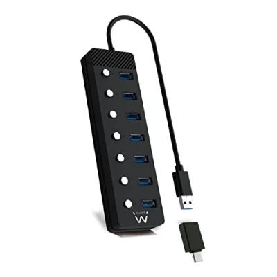 Afbeelding van Ewent EW1147 Hub USB 3.2 Gen1, Concentrador USB, splitter, 7 puerto&#039;s met interruptores Encendido/Apagado Individuale en Indicadores LED, kabel van 1,2 m, adapter 5V/3A, Negro