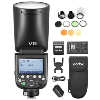 Afbeelding van GODOX V1PRO N Draadloze flitser + AK R1 Kit 24 stuks ronde kopcamerablitsgels 1/8000 s HSS, M/TTL flitsmodus, 1,3 oplaadtijd, ondersteunt type C voeding, compatibel met Nikon camera&#039;s