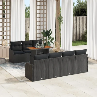 Afbeelding van vidaXL 8 delige tuinset met kussens zwart poly rattan en acacia