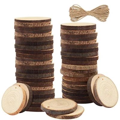 Afbeelding van Kurtzy 50 Pak Onbewerkte Natuurlijk Houten Schijven 3 5cm Diameter &amp; 5mm Dik Voorgeboorde Gaten 10m Jute Touw Rustiek Stam met Schors Gladde Afwerking Hobby Decoratie
