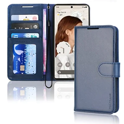 Afbeelding van TECHGEAR Pixel 7 lederen portemonneehoesje, flip beschermhoes met portemonnee kaarthouder, standaard en polsband blauw PU leer magnetische sluiting ontworpen voor Google