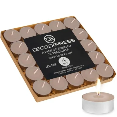 Afbeelding van DECO EXPRESS Theelichtkaarsen Multipack van 200, 100, 50, 25 of 24, brandtijd 4, 8 10 uur theelichtjes kaarsen (Log Fire 25/4 uur)