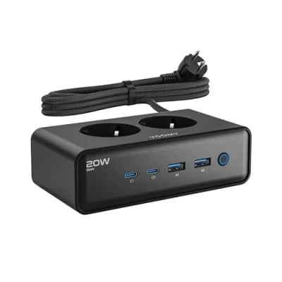 Afbeelding van Voomy 20W Stekkerdoos 2 USB C &amp; A Poorten Stopcontacten Aan / Uit schakelaar Snellader voor Laptop, Telefoon Tablet Oplader, Adapter, Verlengsnoer Zwart