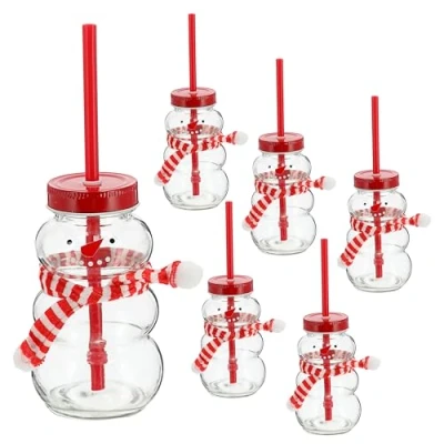 Afbeelding van Cepewa Drinkglas sneeuwpop set van 6 inhoud 260 ml Ø 7 cm glas metaal kunststof met deksel en rietje