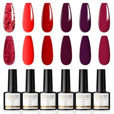 Afbeelding van ROSALIND Gel Nagellak 6 Kleuren Shellac Set Rood Serie Gellak Donkerrood Licht Paars Glitter Soak Off UV/LED Nail Polish Art Manicure 8ml