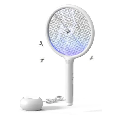 Afbeelding van AROEVE elektrische muggenmepper, 2 in 1, vliegenmepper, 4000 V, USB oplaadstation, oplaadbare batterij met 1200 mAh, automatische aantrekkingsmodus, ledlicht, 3 laagse bescherming, wit