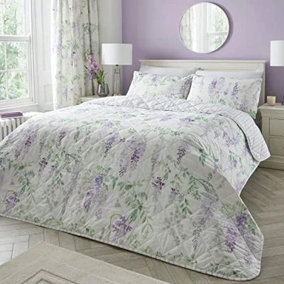 Afbeelding van Dreams &amp; Drapes Paarse blauweregen sprei (230cm x 200cm) Soft Touch bloemen gewatteerde spreien lavendel bloemendeken/dekbedovertrek voor bed bijpassende dekbedovertrek en gordijnen