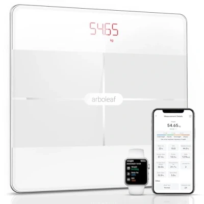 Afbeelding van arboleaf weegschaal voor personen, lichaamsanalyse, digitale met app en 13 lichaamsmassa, 180 kg, bluetooth personenweegschaal BMI, lichaamsvet spieren, eiwitten, BMR enz. (wit)