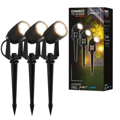Afbeelding van BRILONER Tuinsysteem Connect to Shine 12 V, set van 3 led spots met grondpen, uitbreidingsset, IP65, warm wit licht, tuinverlichting, tuinspot, 25 x 4 cm, zwart