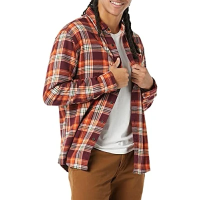 Afbeelding van Amazon Essentials Men&#039;s Flanellen overhemd met lange mouwen (verkrijgbaar in grote en maten), Bordeauxrood Oranje Plaid, M
