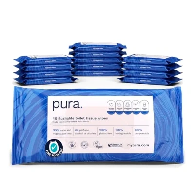 Afbeelding van Pura doorspoelbare vochtige toiletpapierdoekjes, 14 x 40 doekjes (560 doekjes) 100% plasticvrij, 99% water, gecertificeerd &#039;Fine to Flush&#039; biologisch afbreekbaar, composteerbaar, veganistisch