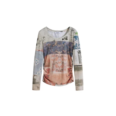 Afbeelding van Desigual Collage Ruched Longsleeve, Dames, Maat: Small, Material finishes