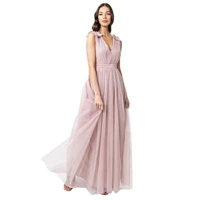 Afbeelding van Maya Deluxe Maxi jurk voor dames, met ruches, V hals, mouwloos, hoge Empire taille, lang, gala, gast, bruiloft, bruidsmeisje, Frosted Roze, 44