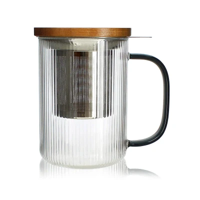 Afbeelding van OGO Theepot/Theeglas voor 1 Glas/RVS/Hout 450 ml Geribbeld transparant glas met houten deksel/RVS filter en gekleurd handvat