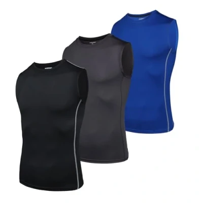 Afbeelding van AMZSPORT Heren compressie tanktop mouwloos functionele shirts basislaag onderhemd, 111018, zwart, grijs en blauw (verpakking van 3 stuks), L