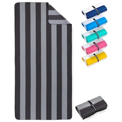 Afbeelding van Stranddeken XXL microvezel strandhanddoek groot, licht en sneldrogend 100% gerecyclede handdoek Strandlaken Grijs Donkergrijs gestreept 200cmx90cm