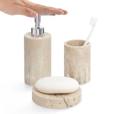 Afbeelding van Navaris 3 delige badkamerset in Beige Set van zeepdispenser, tandenborstelbeker en zeepbakje Badkameraccessoires marmer kleur