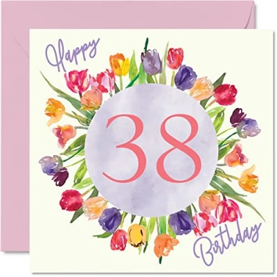 Afbeelding van mooie 38e verjaardagskaarten voor vrouwen aquarel tulpen bloemen boeket gelukkige verjaardagskaart haar dochter tante zus vriend verjaardagscadeaus, 145 mm x wenskaarten cadeau