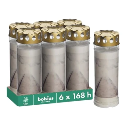 Afbeelding van Bolsius Graflicht wit 6 stuks lengte brandduur 168 uur rouwkaars &amp; gedenkplaats kaarsen permanente brander met motief wolken ongeparfumeerd zonder palmolie nr. 7