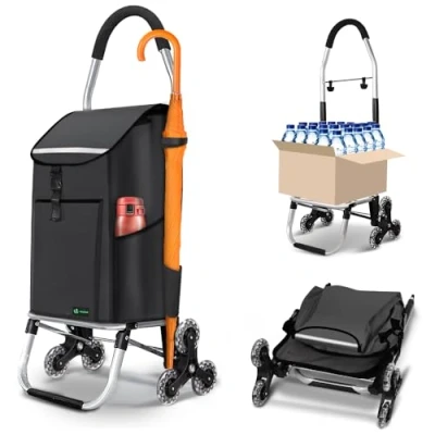 Afbeelding van VOUNOT Boodschappentrolley met 6 wielen van aluminium waterdicht geïsoleerd vak en haken, boodschappentrolley, opvouwbaar, 3 in 1, tas, trolley, trap, zwart