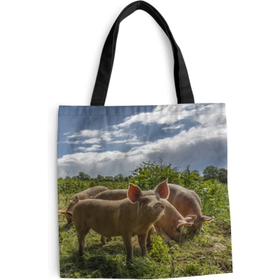 Afbeelding van MuchoWow® Schoudertas Strandtas Big Shopper Boodschappentas Varkens Gras Wolken 40x40 cm Katoenen tas