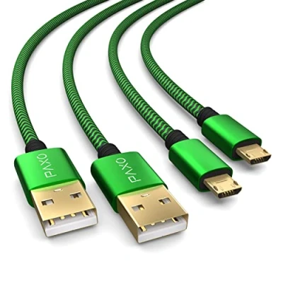 Afbeelding van 2x 4m oplaadkabel voor PS4 controller, micro USB oplaadkabel, kabel, nylon, USB, stoffen omhulsel, aluminium plug, groen zwart