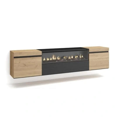 Afbeelding van Skraut Home TV kast televisie woonkamermeubel opslag 200 x 45 35 cm voor tv&#039;s tot 80 inch elektrische open haard hangend moderne stijl eiken en zwart