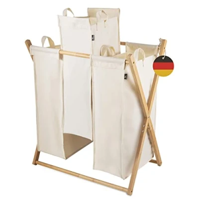Afbeelding van Hennez Wasmand Opbergmand 150L 3 compartimenten zonder deksel Opvouwbare Waszak Rechthoekige Bamboe Houten met Frame