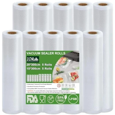 Afbeelding van Omtofo Vacuümzakken Voedsel, Voedsel Vacuümzak, Vacuümfolie, 10 rollen 15 x 300 cm + 20 cm, Vacuümrol, Vacuümdiepvrieszak, BPA vrij