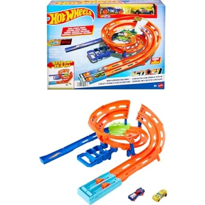 Afbeelding van Hot Wheels Baanset met Speelgoedauto&#039;s, Rondvliegracebaan, 2 speelgoedauto&#039;s op schaal van 1:64, gemakkelijk te bergen, HTK17