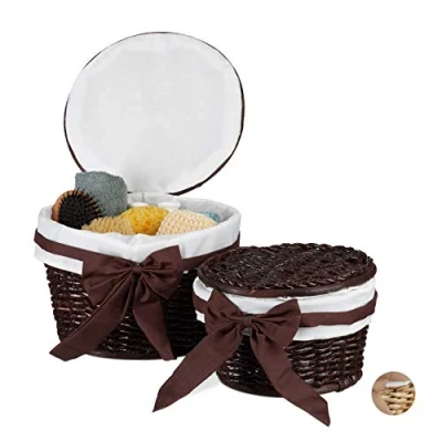 Afbeelding van Relaxdays badkamer mandjes 2er set rond opbergmandjes manden gevlochten chocoladebruin