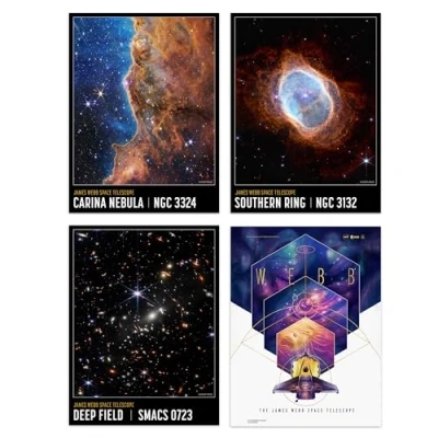 Afbeelding van Artery8 Pack of 4 NASA James Webb Space Telescope Images Cosmic Cliffs Carina Nebula Southern Ring Deep Field Unframed A4 Wall Art Living Room Prints Set