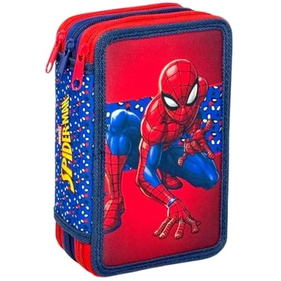 Afbeelding van Clondo Pennenetui 3D 3 vakken voor kinderen, drievoudig gevuld, 44 accessoires de basisschool, ritssluitingen, 20 cm, liniaal, kleurpotloden, viltstiften, spiderman v25, pennenhouder