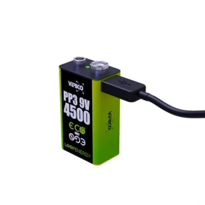 Afbeelding van Verico LoopEnergy 9V blok verpakking van 2 stuks, PP3, 4500 mAh, oplaadbare USB C batterij, Li Ion, 1 oplaadkabel type A naar x