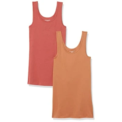 Afbeelding van Amazon Essentials Women&#039;s Tanktop met slanke pasvorm, Pack of 2, Bruin/Steenrood, S