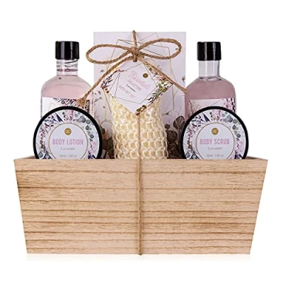 Afbeelding van Accentra doucheset dames cadeauset LAVENDEL in houten mandje, 6 delige verzorgingsset met douchegel, bubbelbad, badzout, bodylotion &amp; meer, wellness voor verjaardagen Valentijnsdag Kerst