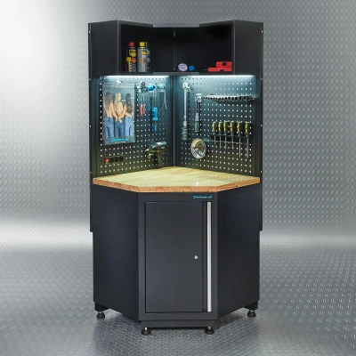 Afbeelding van Datona Werkplaatsinrichting PREMIUM Hoekwerkbank Met Eiken Werkblad (91 x 47 200 cm) Zwart