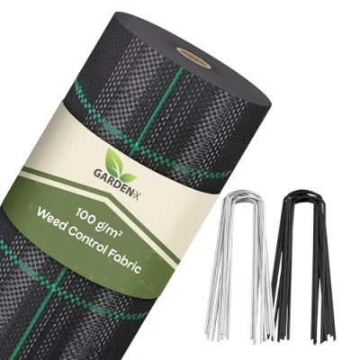 Afbeelding van GARDENIX Onkruiddoek met 50 ankers 100m² (1m x 100m) waterdoorlatend 100g / m² zwart UV bestendig onkruiddoek, onkruidbeschermingsfolie, bodemweefsel, ondergronddoek